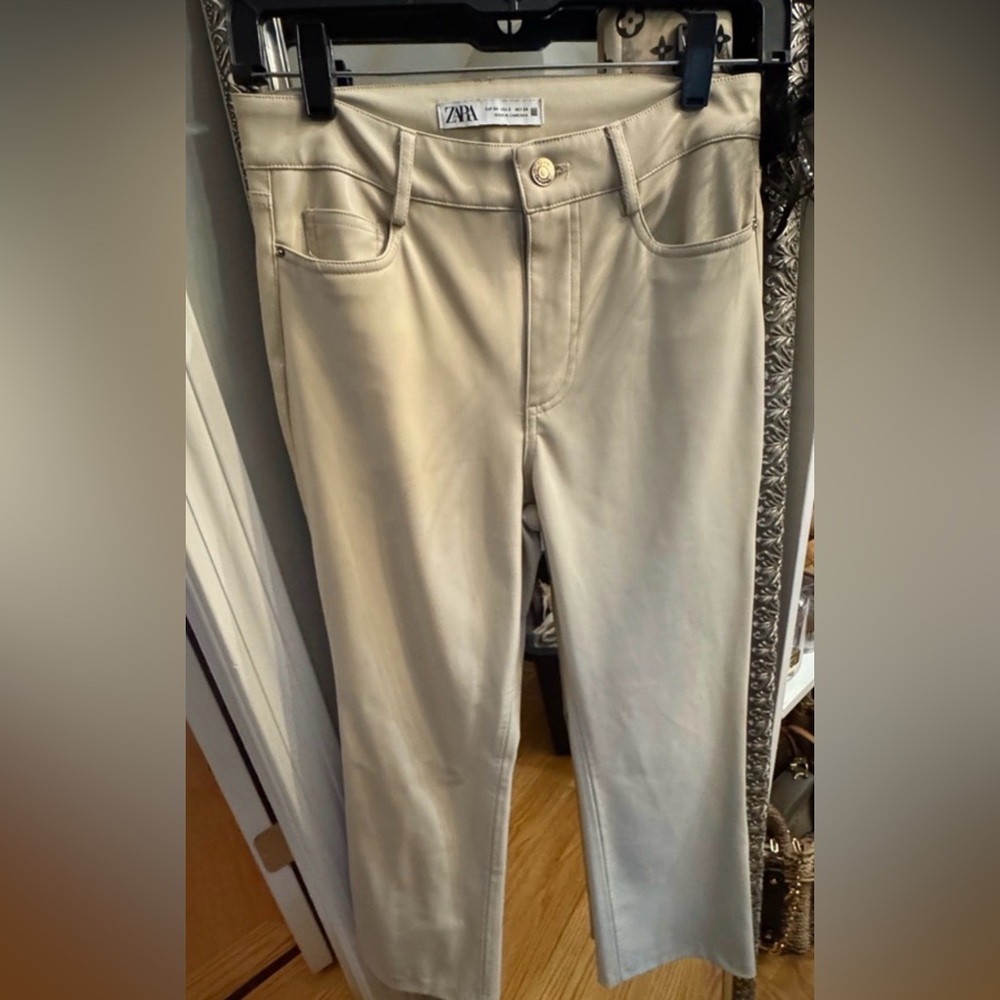 Zara Beige faux leather cropped Trousers